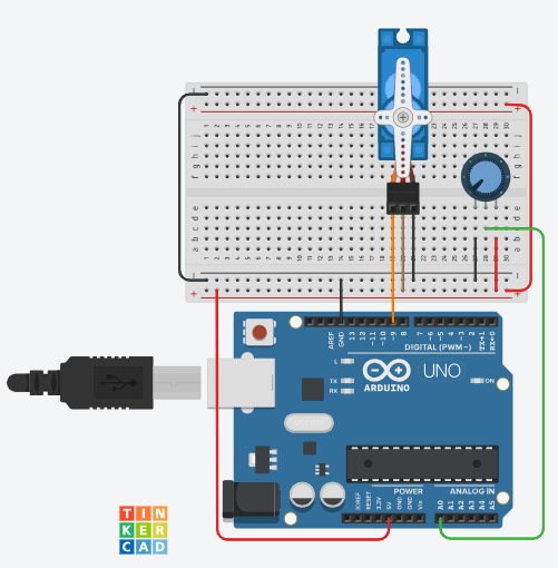 Diagrama de Tinkercad mostrando un potenciómetro conectado a A0 y un Servomotor conectado al pin 9